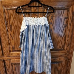 ! Oddy Blue & White Pinstripe Cold Shoulder Embroidered Neck Dress Size S !